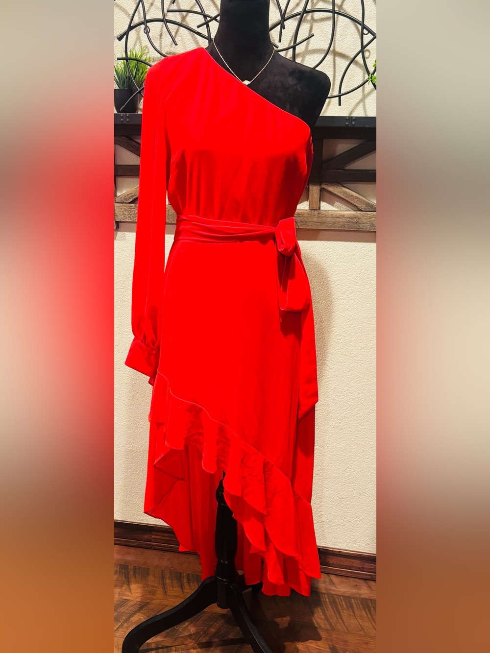 Badgley Mischka Vibrant Red Asymmetrical Ruffle Dress